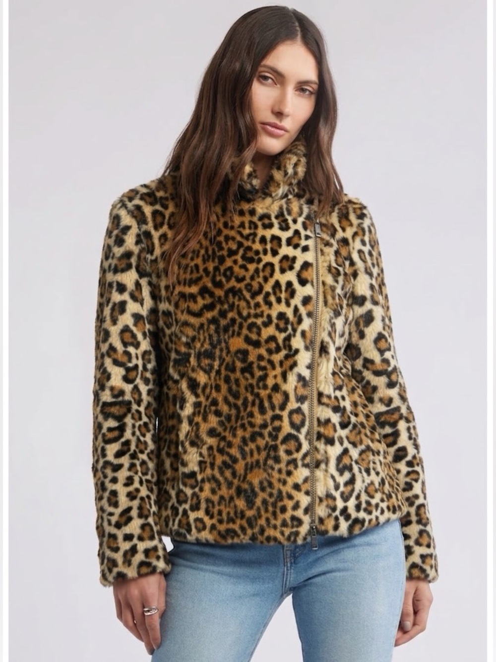 REBECCA MINKOFF Women’s Hudson Faux Fur Moto Leopard Print Jacket, Small